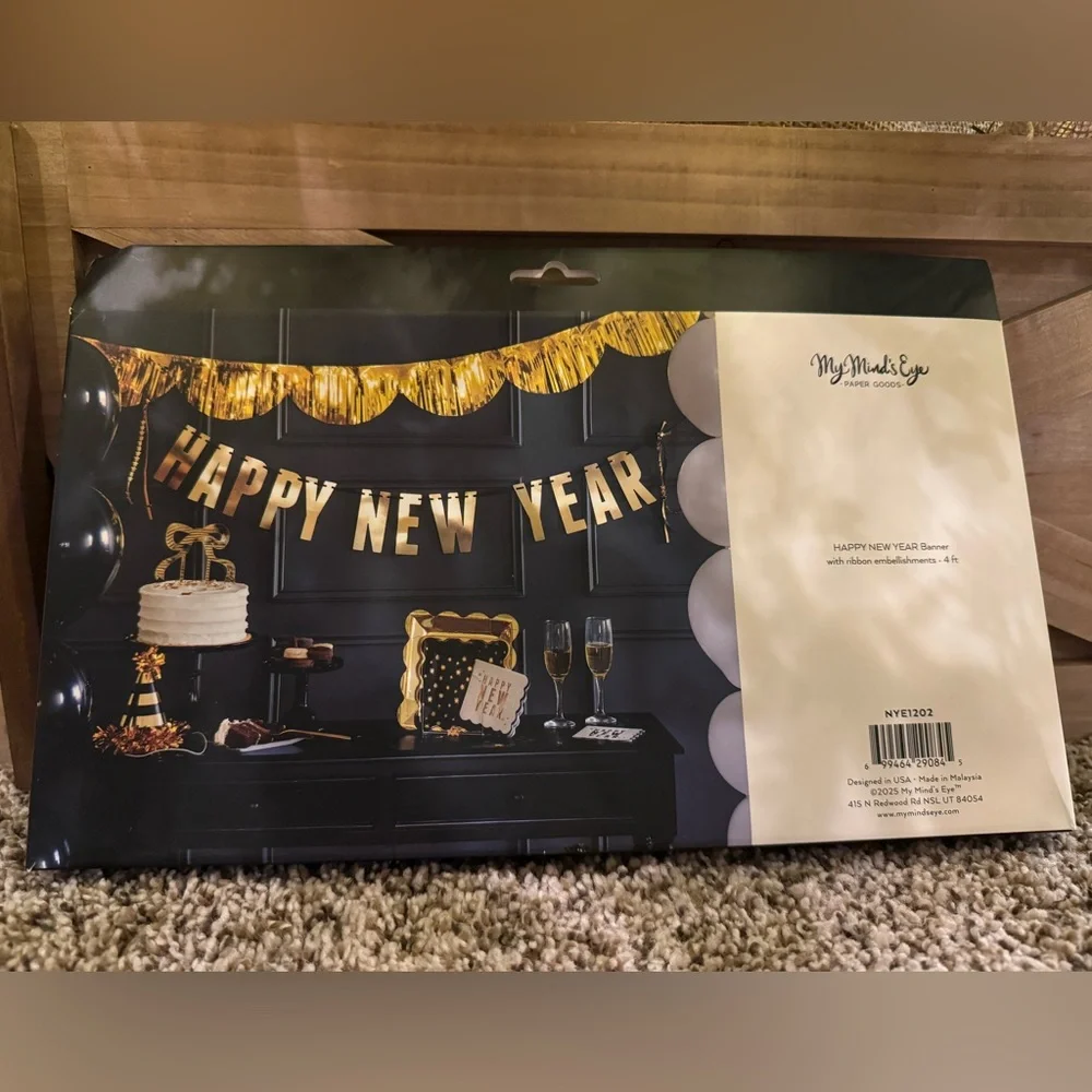 Happy New Year Party Decor Lot Banner + 6 Tiara Headbands (Gold And Silver)